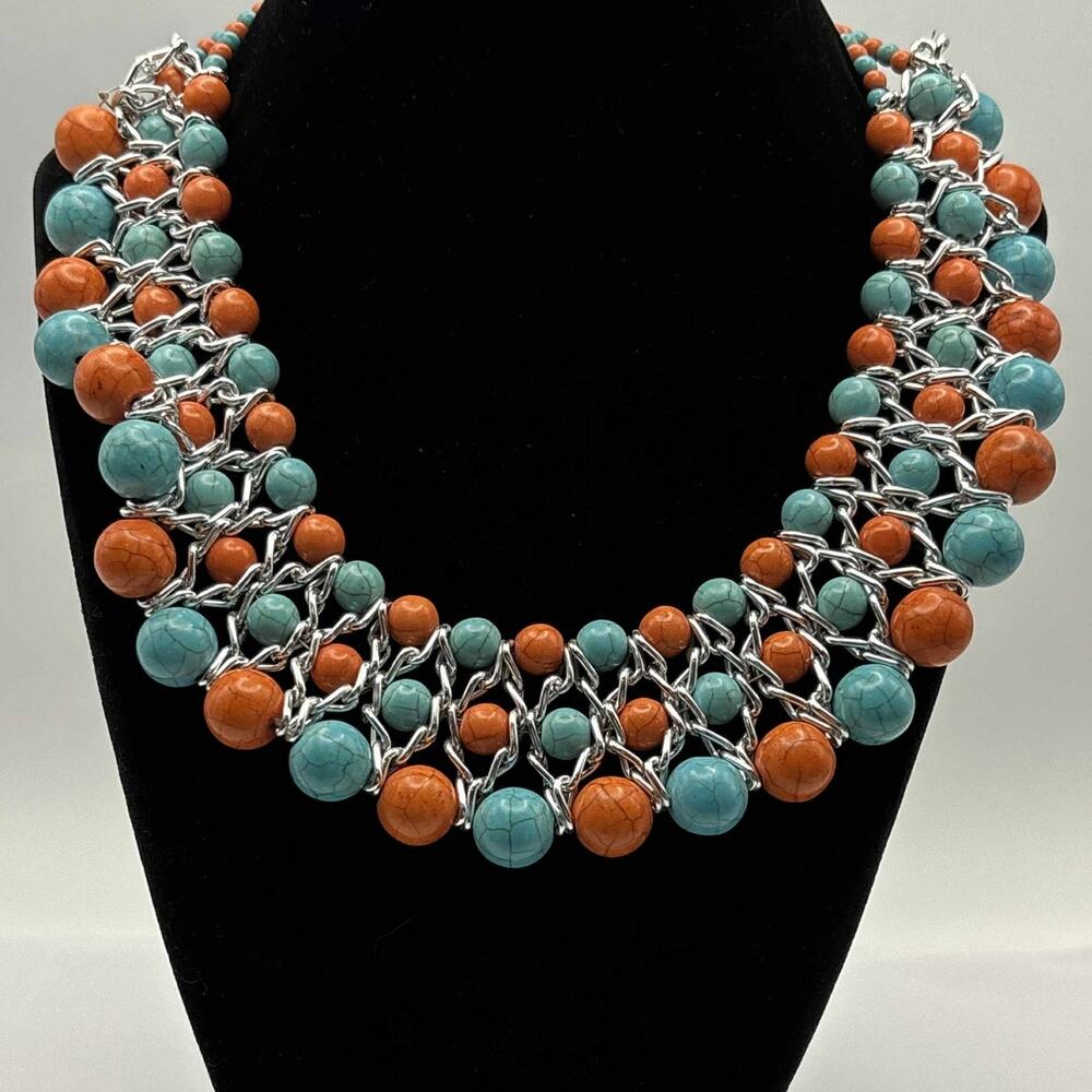 Turquoise & Orange Bib Necklace
